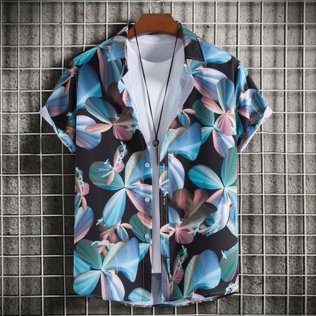 Camicia maschile slim fit con stampa a maniche corte, tessuto leggero e design moderno di Valstrend Shop