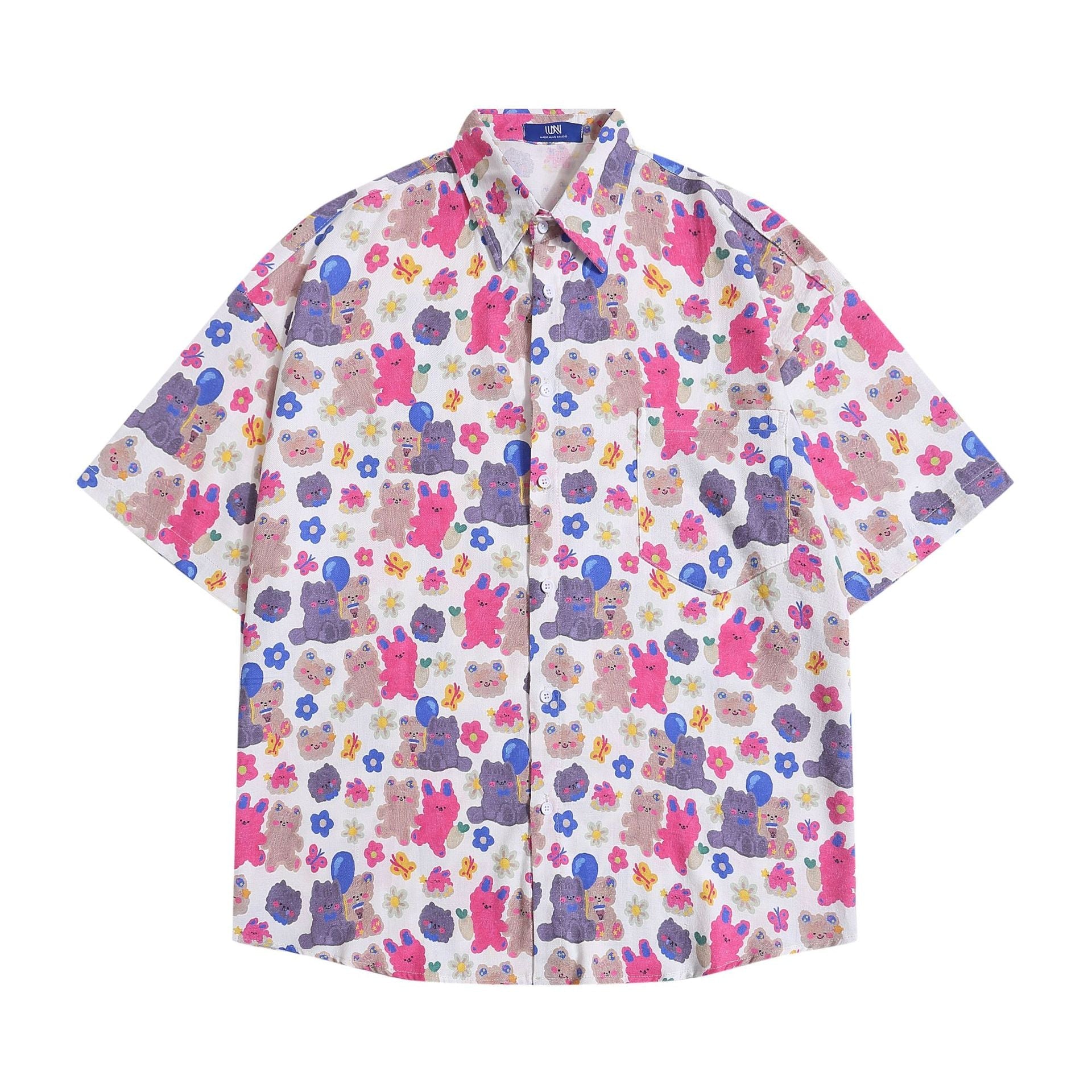 Camicia casual a maniche corte Valstrend con stampa di orso animale cartoon, design colorato e comodo per l'abbigliamento quotidiano.