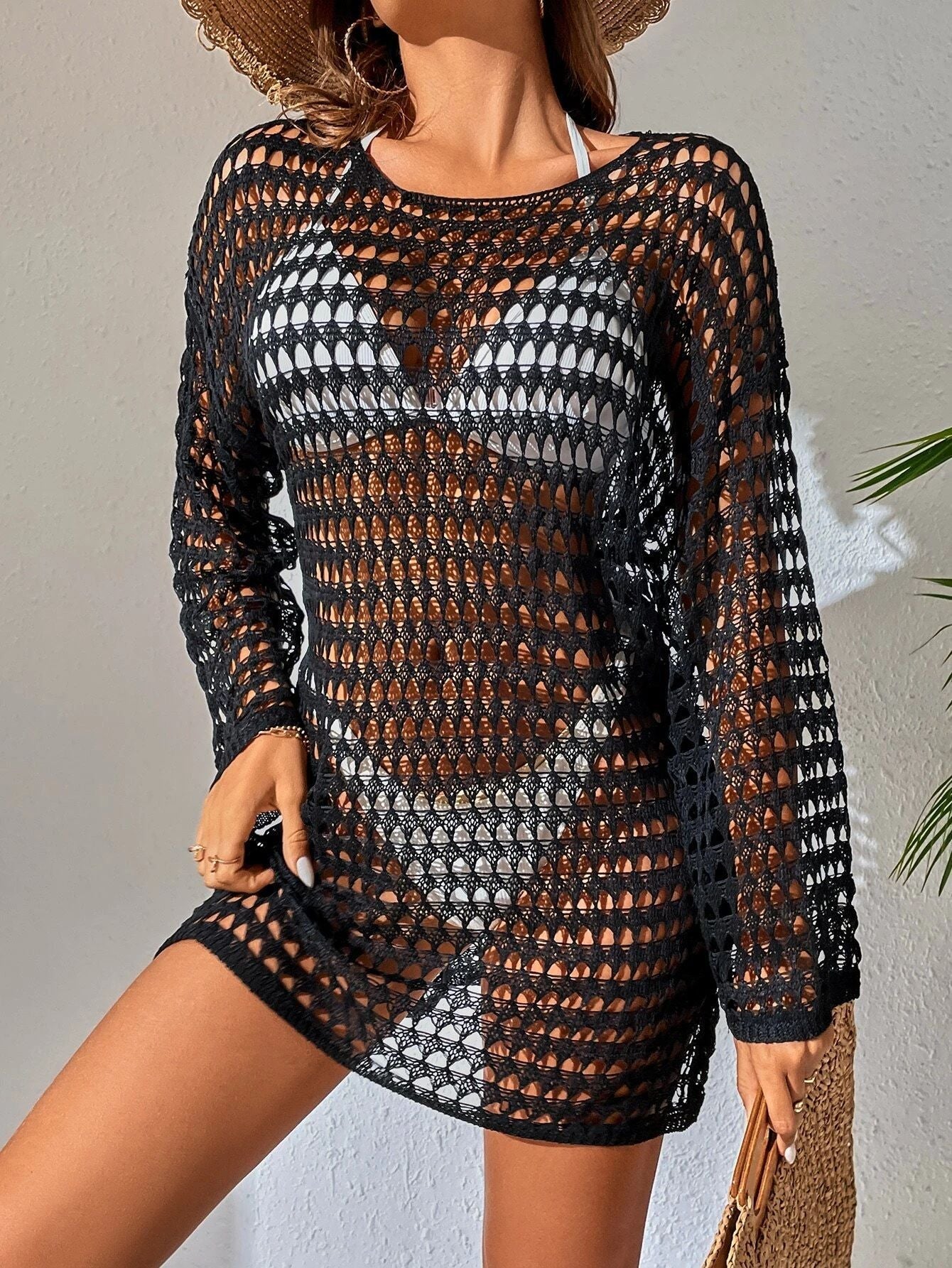 Blusa bikini femminile in mesh traforata e maglia, stile Valstrend, visibile con dettagli trasparenti e design elegante