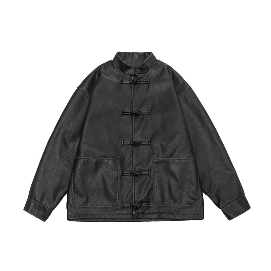 Giacca retrò in pelle PU morbida con collo alto piccolo, stile casual e rilassato, di marca Valstrend shop.