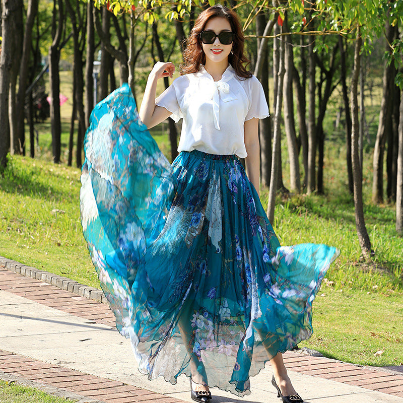 Gonna in chiffon stampata floreale con vita alta, modello slim, marca Valstrend, dettaglio visibile in immagine