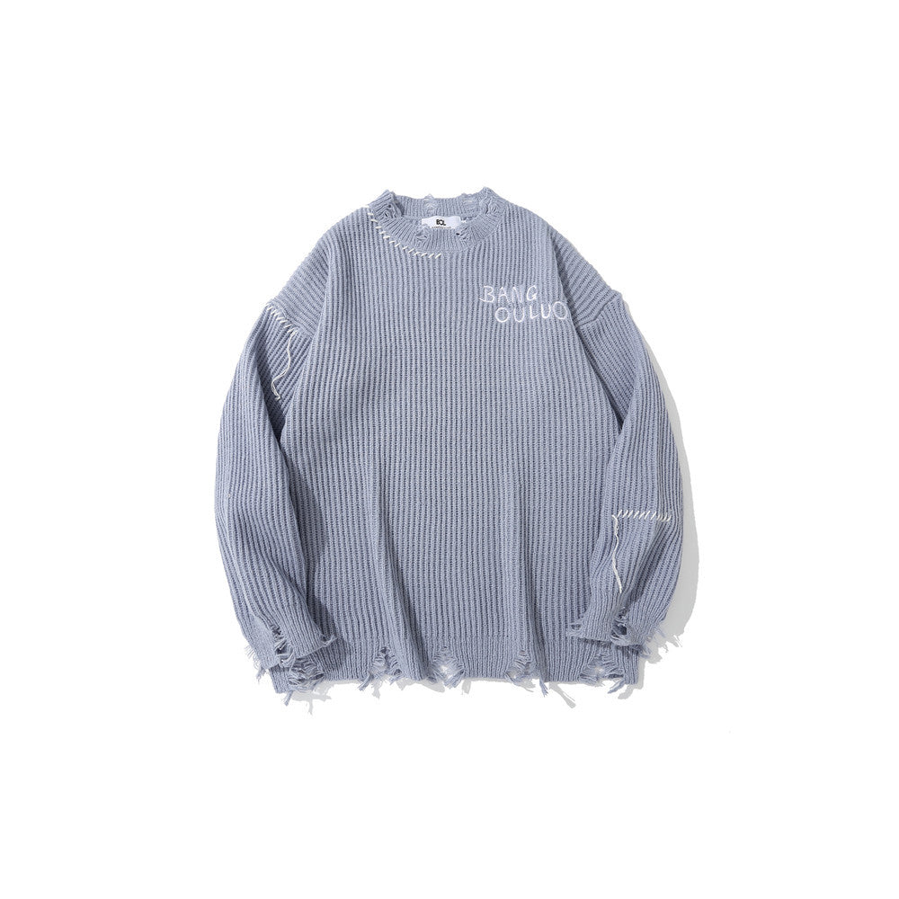 Maglione da uomo Valstrend Shop con ricami scuri, strappi e stampa di lettere, stile casual e moderno.