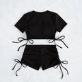 Costume da bagno donna Valstrend a maniche corte con lacci e taglio diviso, stile conservatore e femminile, in tessuto morbido.