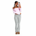 Pantaloni donna a zampa di elefante a vita bassa di moda Valstrend, tessuto colorato e stile retrò, visibili in dettaglio.