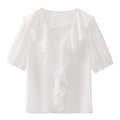 Top donna Valstrend con maniche a sbuffo, colletto francese e volant, corto e elegante, ideale per look femminili e raffinati