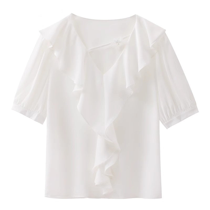 Top donna Valstrend con maniche a sbuffo, colletto francese e volant, corto e elegante, ideale per look femminili e raffinati
