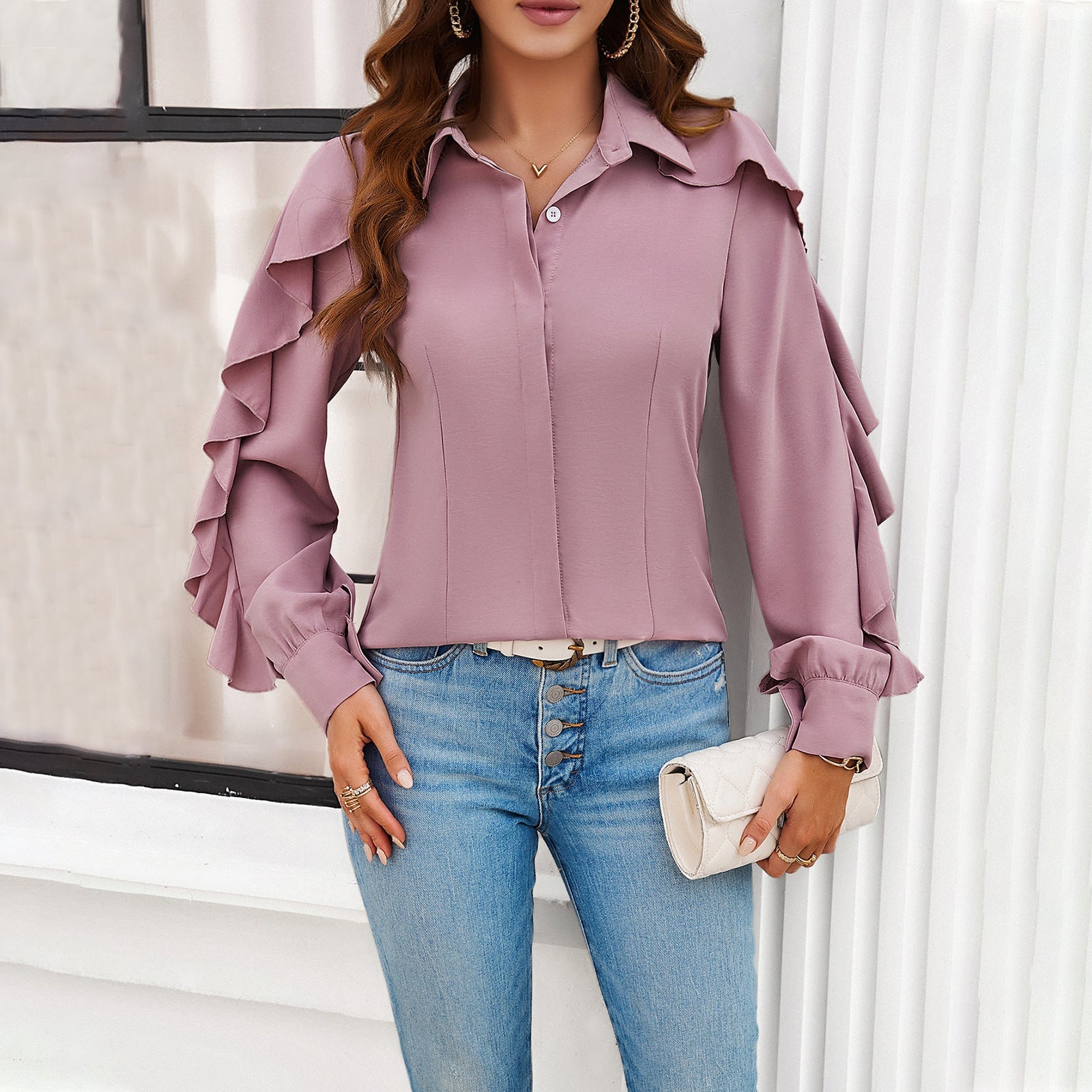 Camicia estiva e primaverile Valstrend con maniche a volant e tinta unita, ideale per il relax e lo stile casual.