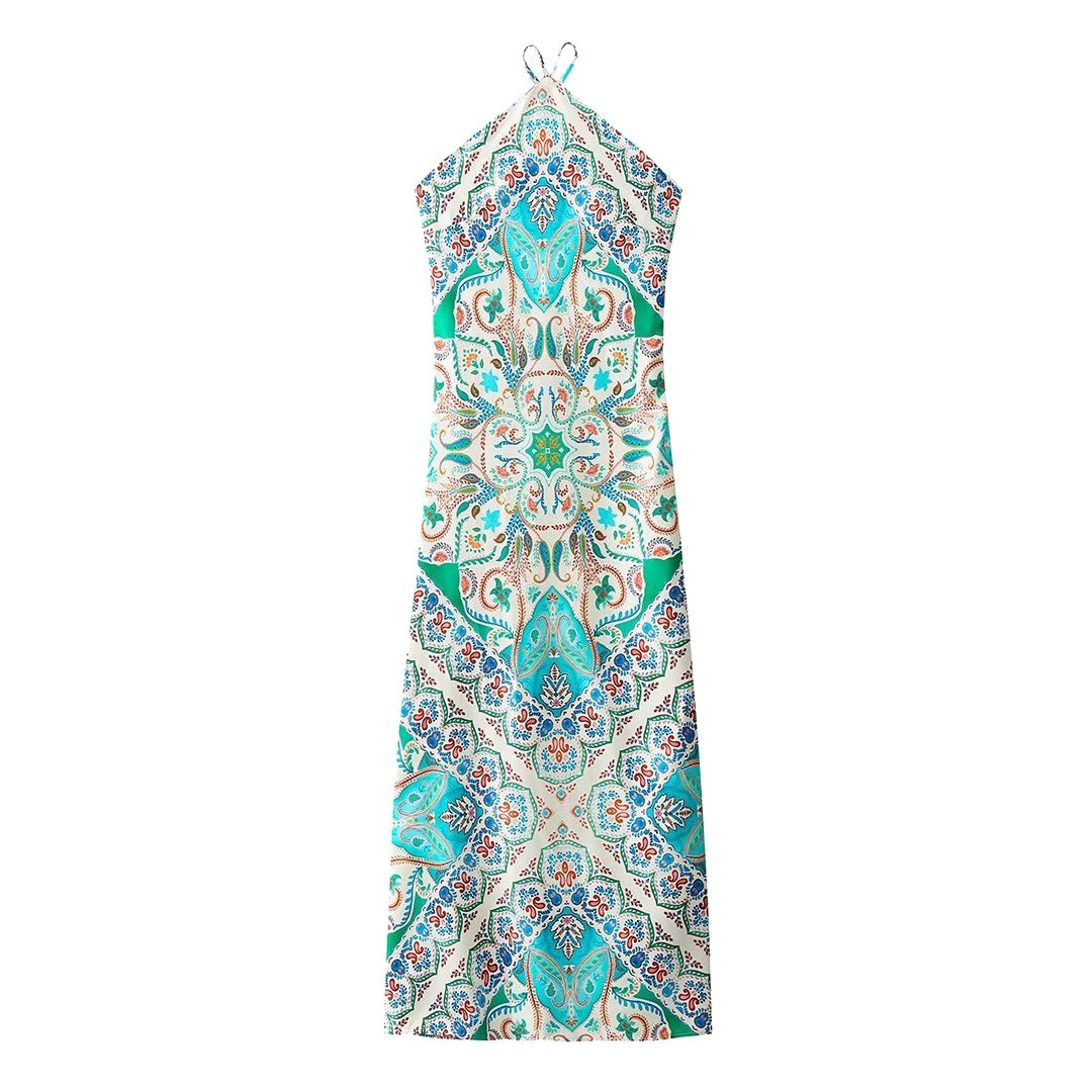 Vestito donna Valstrend slim fit, senza maniche e con schiena scoperta, stampa colorata, abito elegante e alla moda.