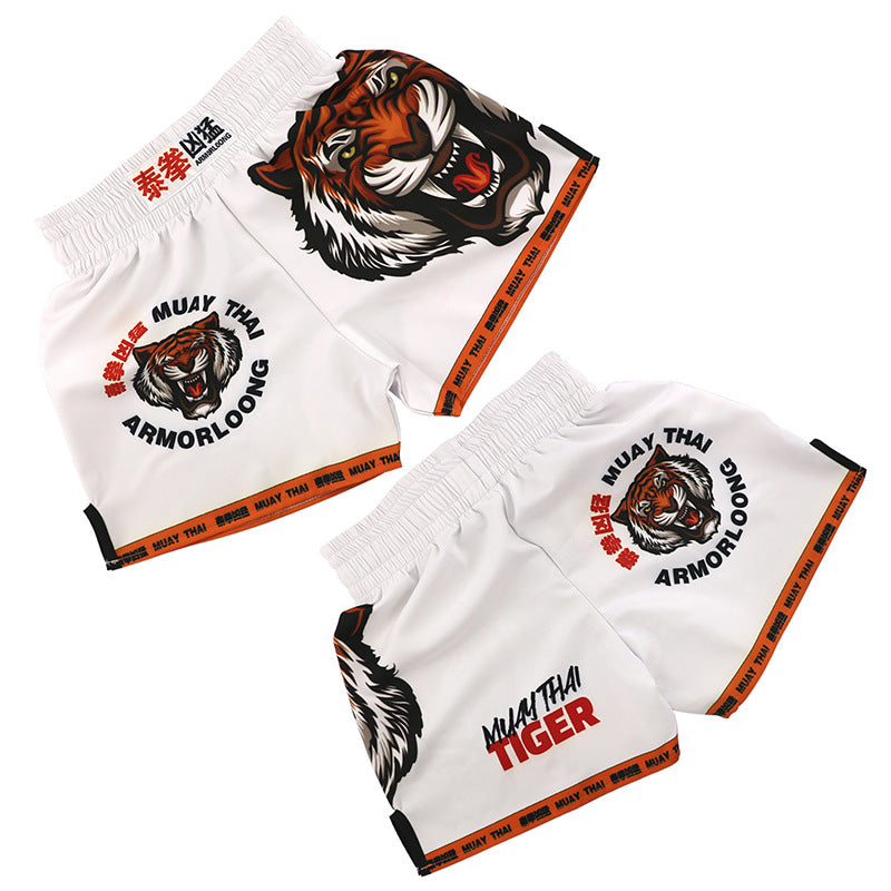 Shorts da boxe Muay Thai Tiger Fight Sports di Valstrend, pantaloncini da combattimento con stampa tiger e dettagli sportivi.