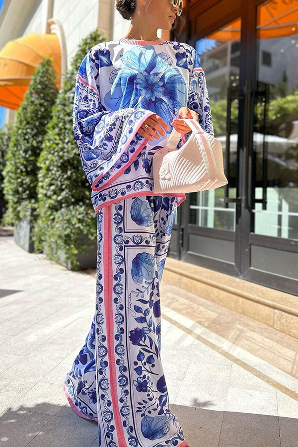 Top e pantaloni femminili Valstrend in porcellana blu e bianca, stampa elegante, abbigliamento femminile alla moda
