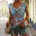 Maglietta donna Valstrend con scollo a V, stampa vintage architettonica, tessuto morbido e stile casual