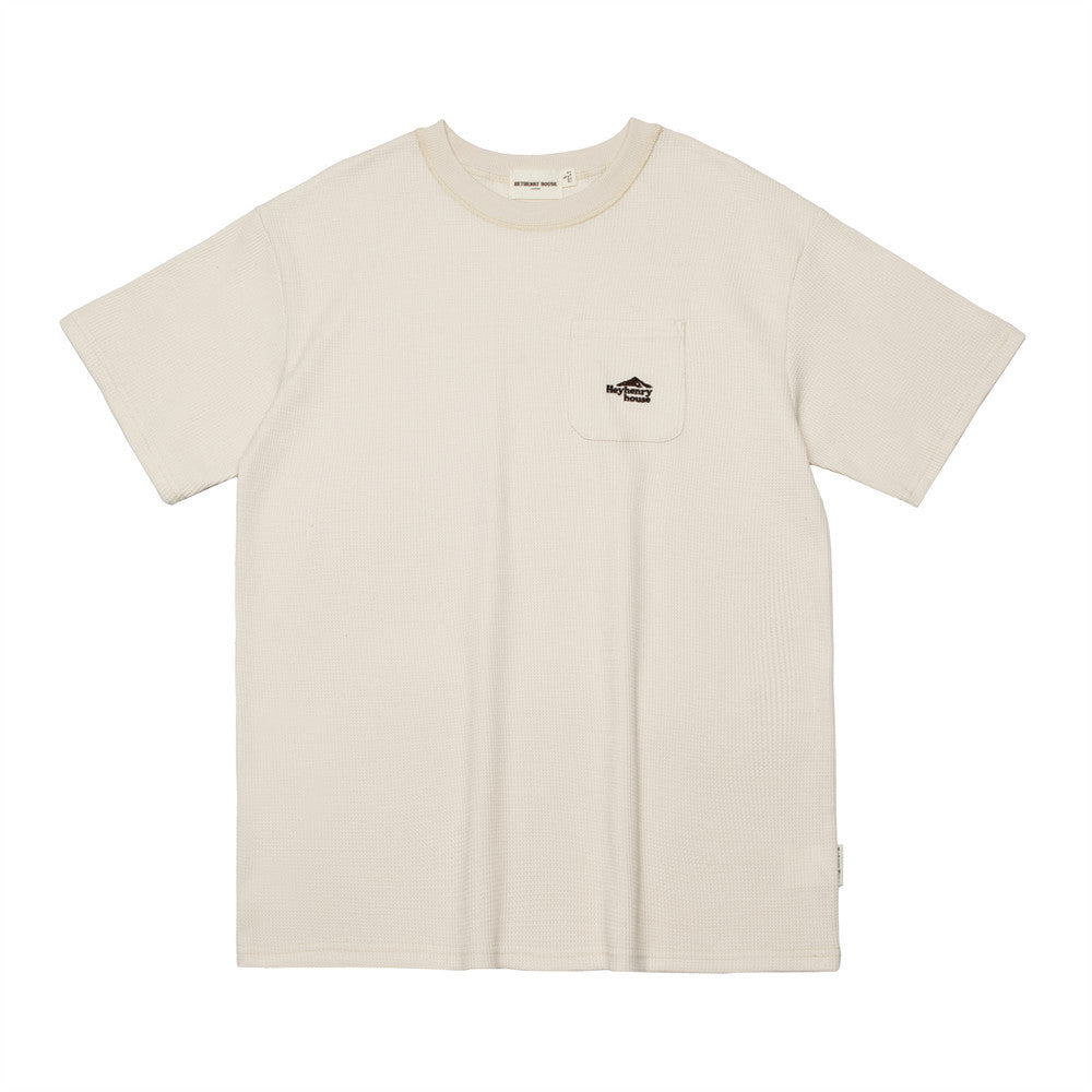 Solid Color Waffle Round Neck Embroidered Short Sleeve