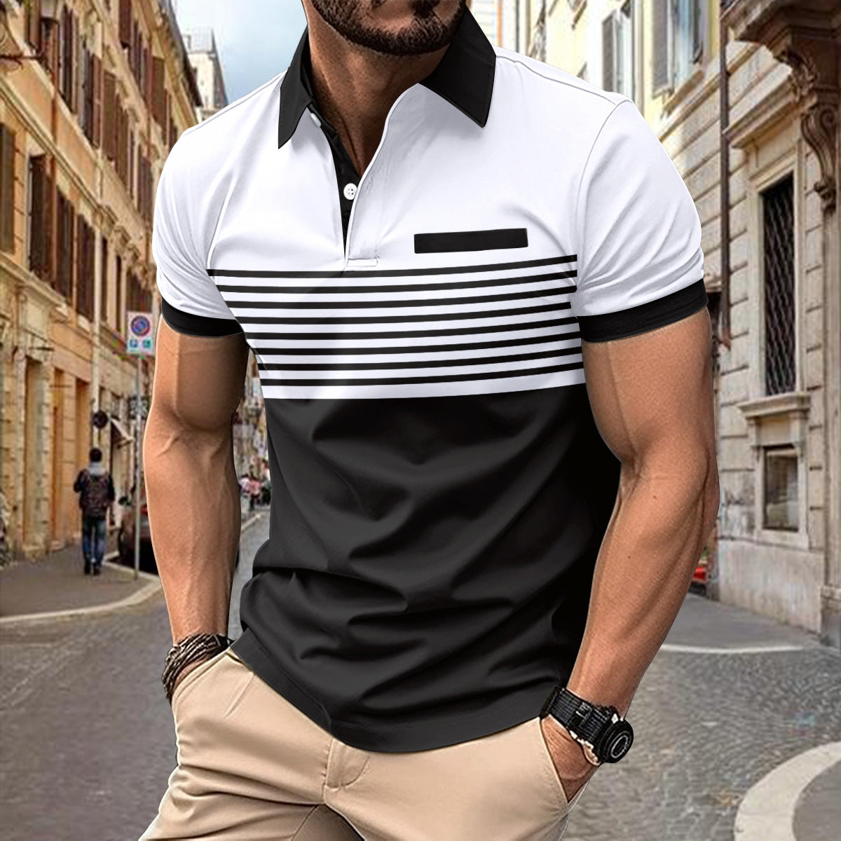 Camicia casual da uomo a righe con taschino sul petto, marca Valstrend, tessuto leggero e stile informale.