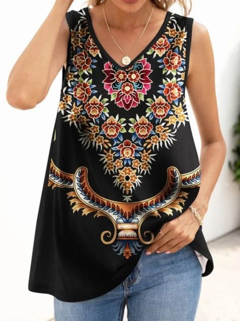 Gilet senza maniche stampato da donna con scollo a V e base Valstrend, vestibilità comoda e stile casual.