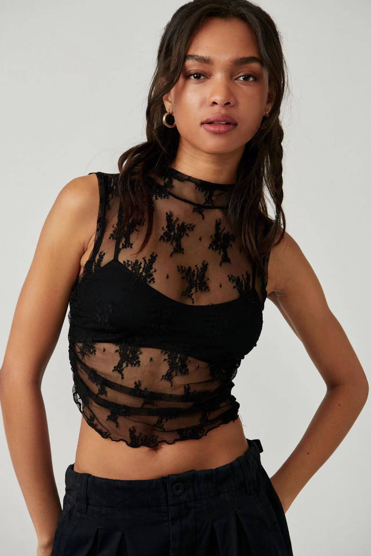 Women's Lace Top Fashionable See-through