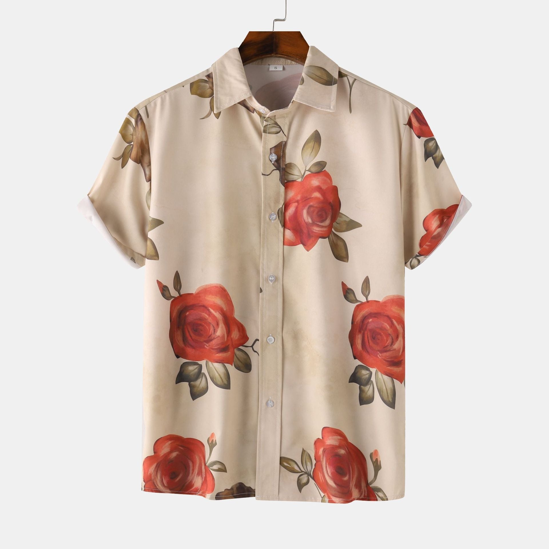 Camicia uomo Valstrend con colletto alto, stampa floreale a maniche corte, tessuto leggero e stile elegante.