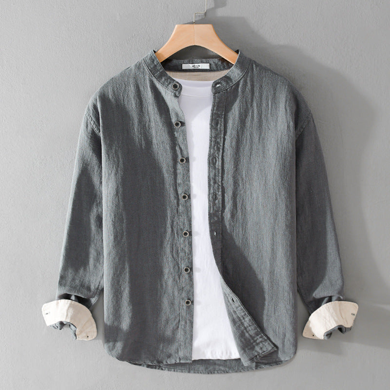 Camicia casual da uomo Valstrend in cotone e lino a maniche lunghe, stile semplice e elegante.