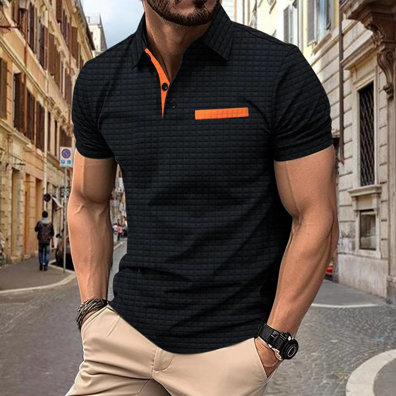 Maglietta polo sportiva da uomo Valstrend con motivo a quadri jacquard, tessuto morbido e stile casual elegante.