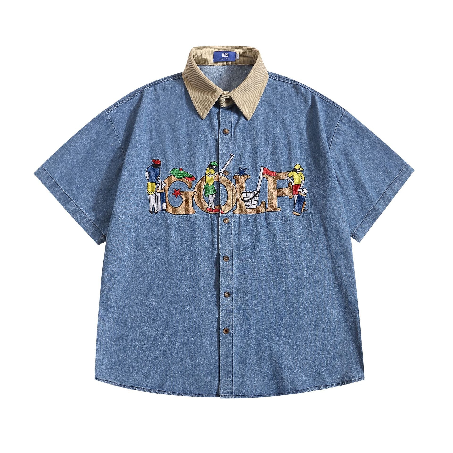 Camicia larga in jeans con ricami di lettere divertenti e stile cartoon, marca Valstrend shop, tessuto denim morbido e casual