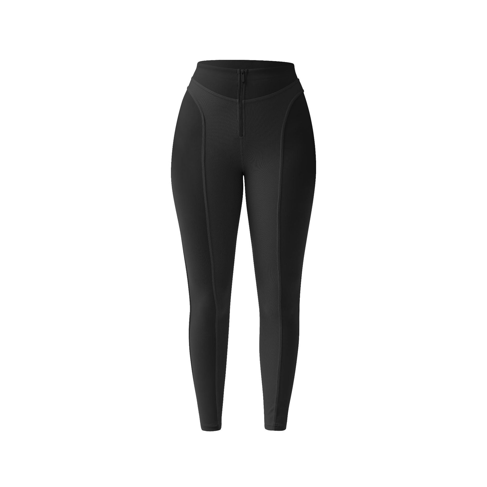 Collant da donna slim fit in tessuto modellante a vita alta con zip, marchio Valstrend shop, visibile in dettaglio.