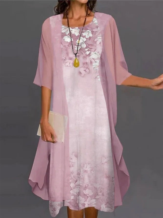 Vestito donna due pezzi con stampa floreale e erba, abbigliamento Valstrend, vista frontale con dettagli vivaci e femminili