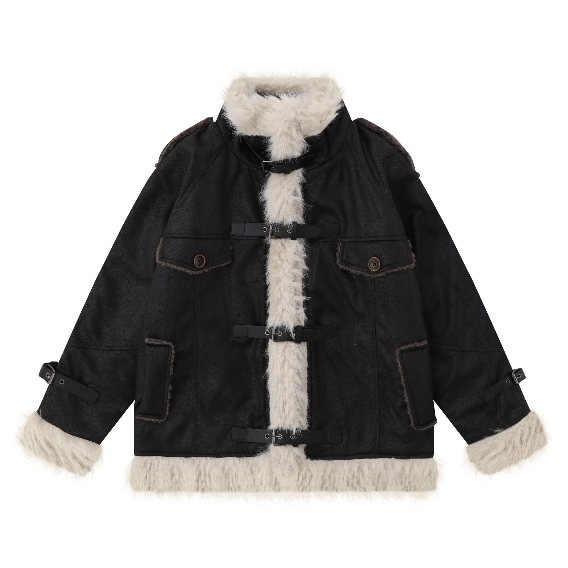 Cappotto in pelle, lana di agnello e cotone Valstrend, vista frontale con dettagli tessuto e chiusura.