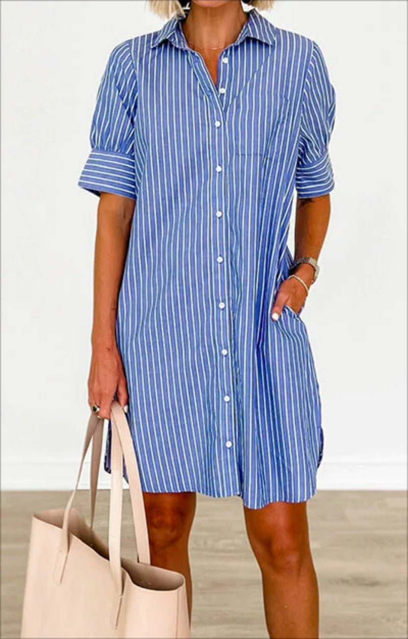 Abito femminile a righe con tasche e chiusura monobottone, stile trench leggero di Valstrend.
