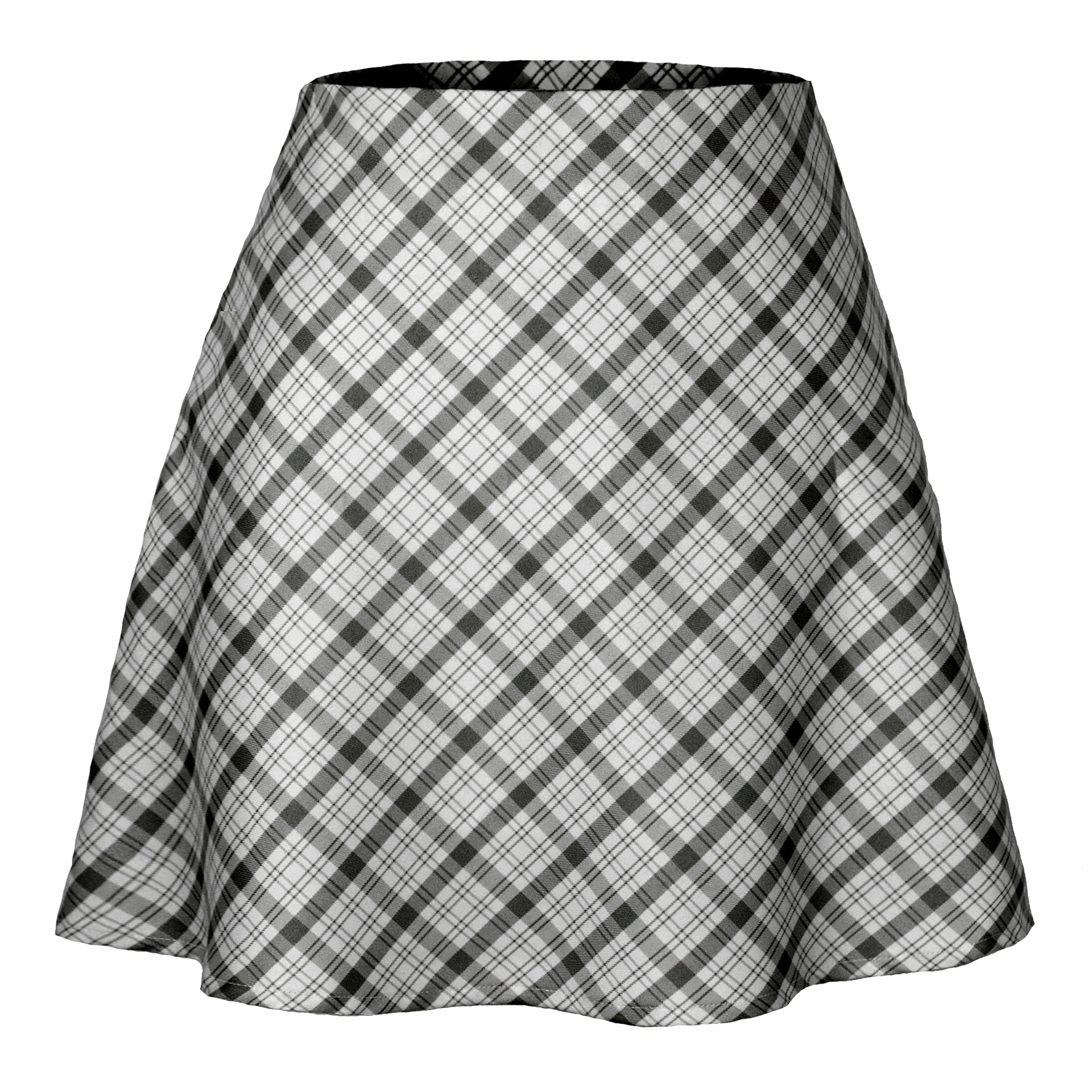 Gonna in stile moda donna, gonna a quadri con zip, marchio Valstrend, vista frontale con dettagli del tessuto e chiusura zip