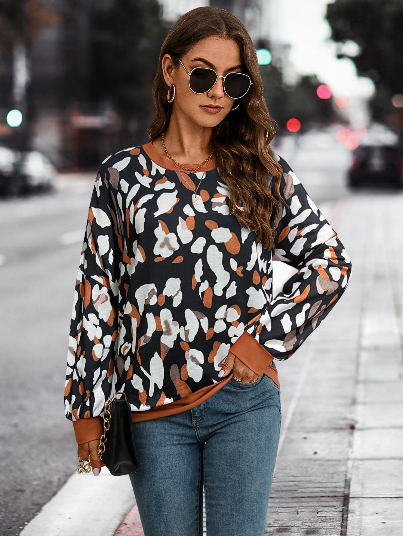 Women's Clothing Amazon Independent Station Popular Round Neck Drop Shoulder Lantern Sleeve Printed Sweater
