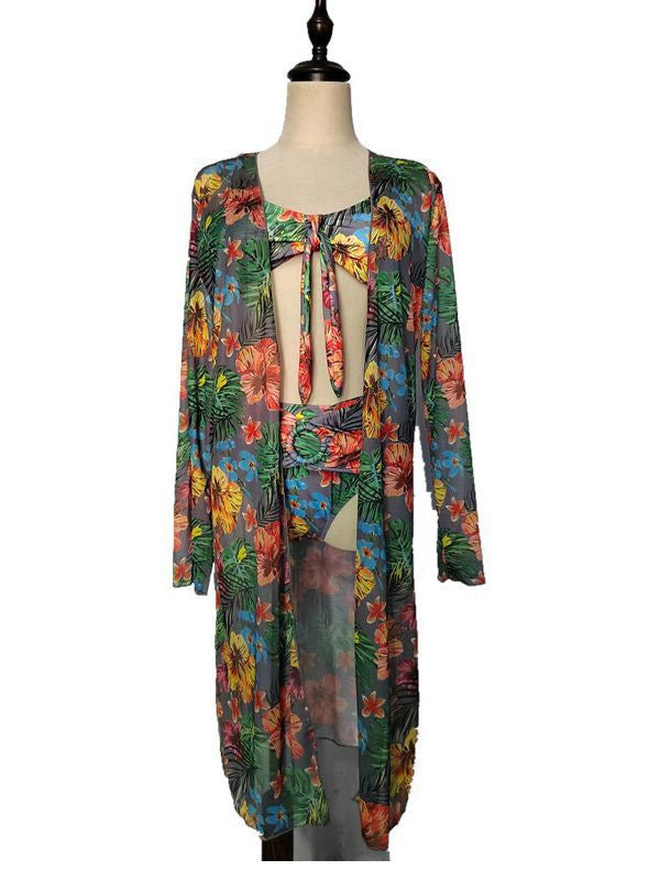 Completo bikini da donna Valstrend con stampa, maniche lunghe e protezione solare, tre pezzi, vista frontale.
