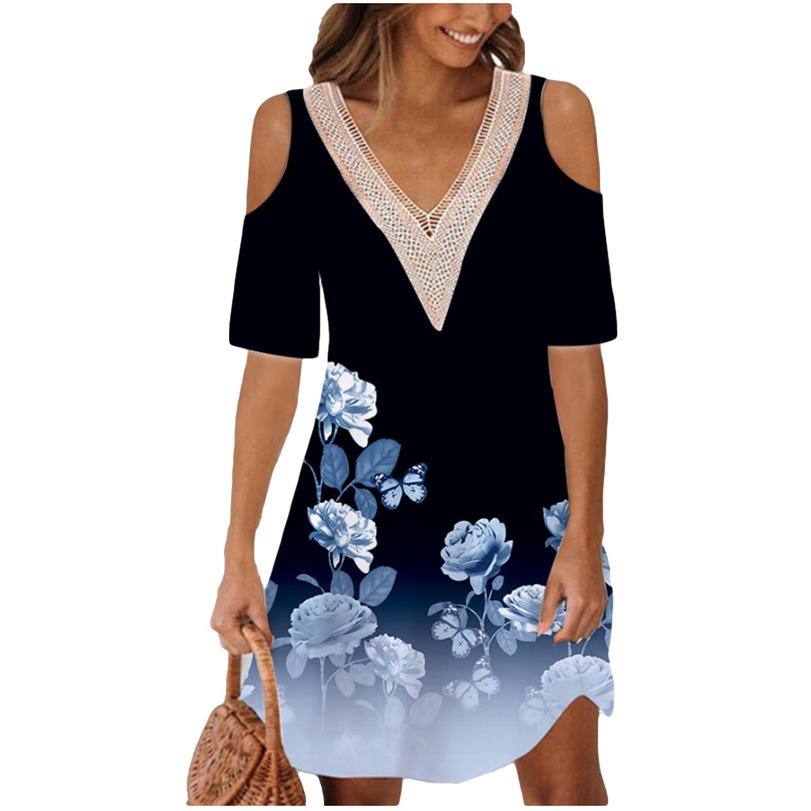 Vestito da donna Valstrend a manica lunga, scollo a V e stampa, con stile elegante e femminile, visibile nella foto.