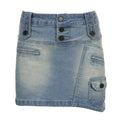 Gonna jeans donna Valstrend con tasche asimmetriche a vita bassa stile street americano, denim blu, design moderno.
