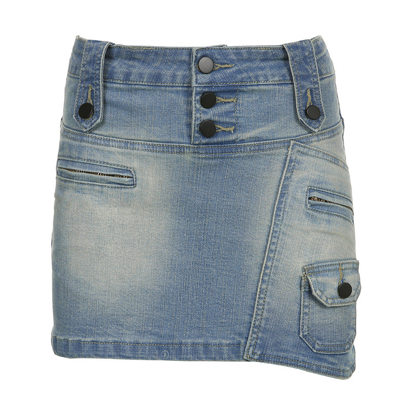Gonna jeans donna Valstrend con tasche asimmetriche a vita bassa stile street americano, denim blu, design moderno.