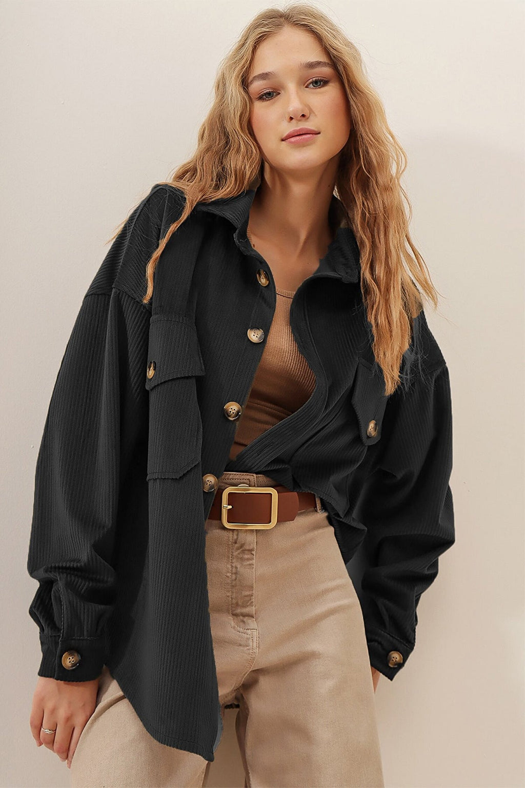 Cappotto lungo in velluto a coste con tasche per donna, maniche lunghe e stile elegante, marca Valstrend shop