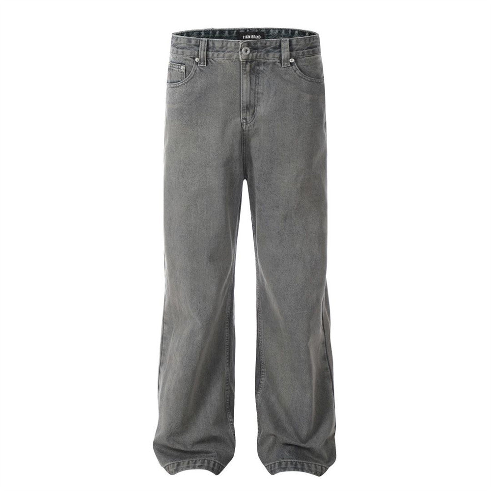 Pantaloni in denim punk old wash, pantaloni larghi e sbiaditi di Valstrend shop, stile casual e vintage.
