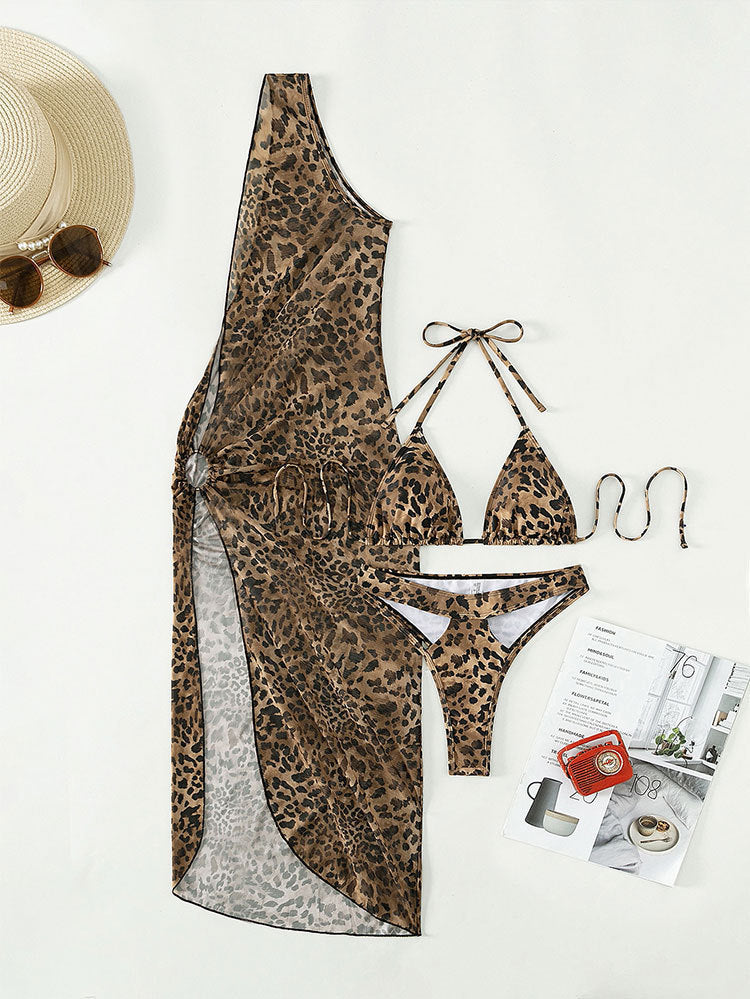Vestito donna Valstrend con scollo all'americana, stampa leopardo e dettaglio lace-up, parte di set tre pezzi elegante.