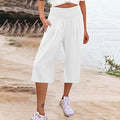 Pantaloni donna corti in cotone e lino Valstrend, a vita alta, stile casual, con gamba larga e tessuto leggero.