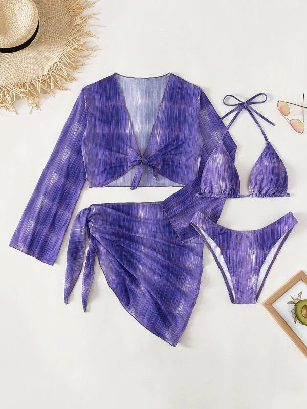 Costume da bagno bikini a 4 pezzi Valstrend per donna, con top a maniche lunghe e slip, vista in primo piano.