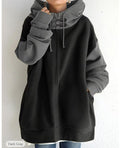 Maglione con cappuccio ampio e zip, donna, in patchwork colorato e lungo, marca Valstrend shop, maniche lunghe e stile casual