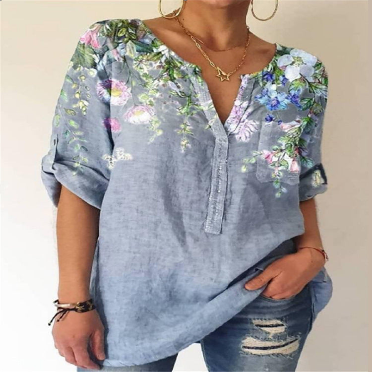 Top donna Valstrend, maglietta larga con stampa floreale e scollo a V, abbigliamento di moda femminile.