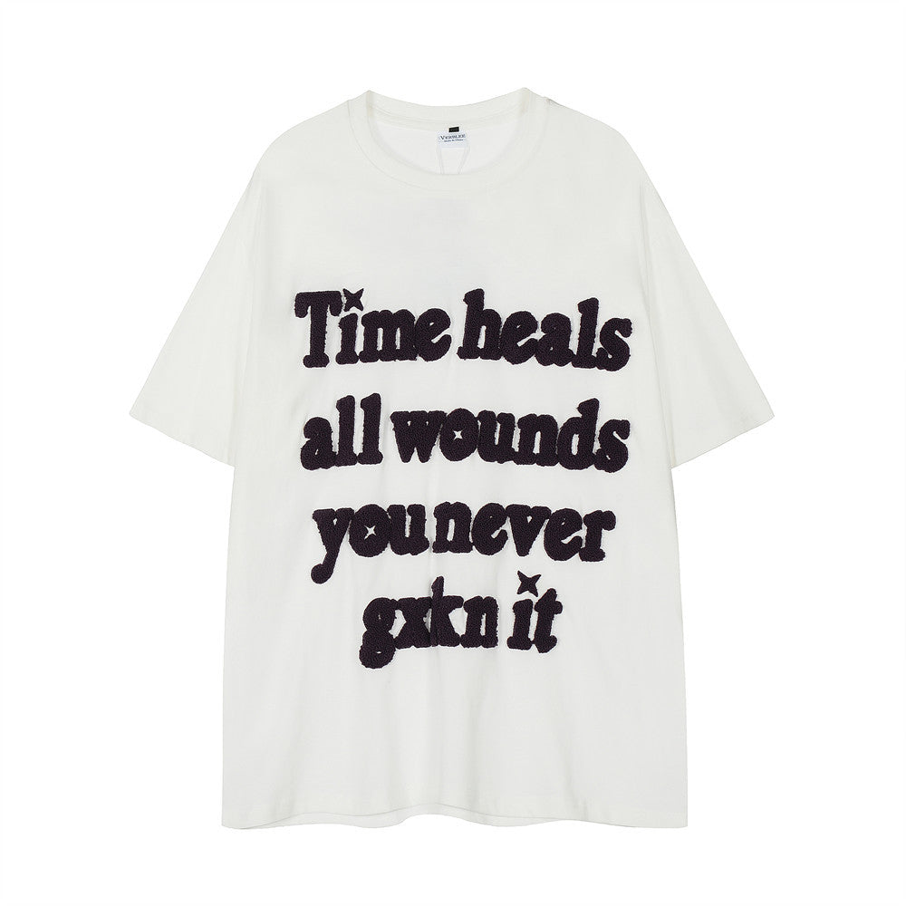 Large-Area Letter Flocking Embroidered Loose Short Sleeve