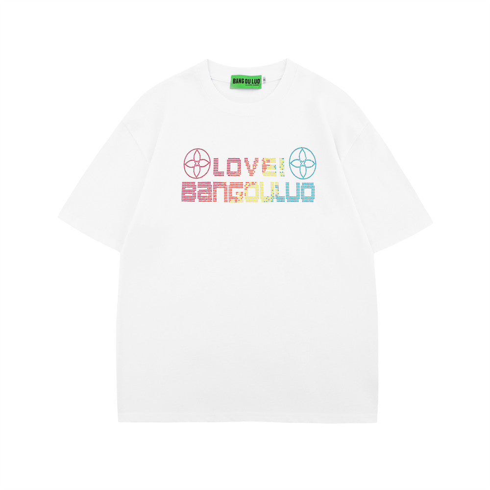 Rhinestone Letter Short Sleeve T-shirt European Hip Hop
