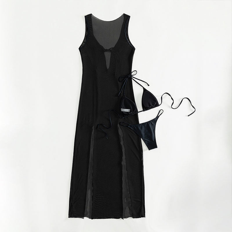 Costume da bagno bikini tre pezzi da donna Valstrend, con top a fascia, slip e copricostume in pizzo, in tessuto leggero e elegante