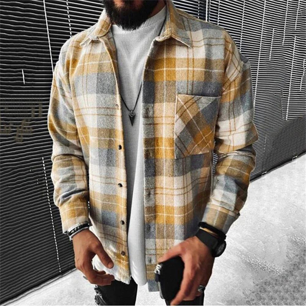 Camicia da uomo a quadri con tasca e maniche lunghe, marca Valstrend, in tessuto morbido e stile casual.