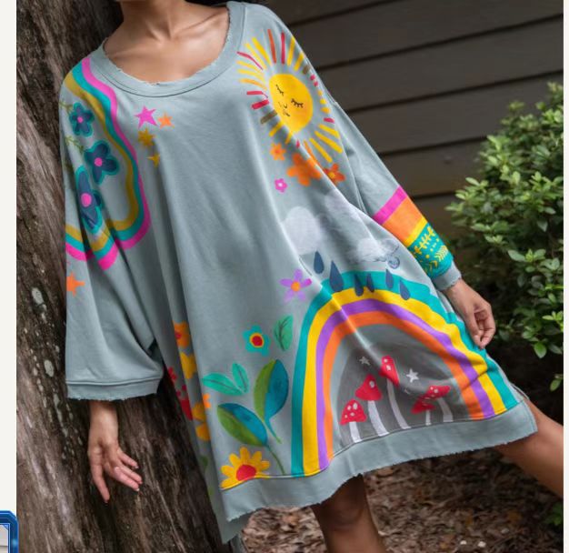 Loose Large Design Printed Crew Neck Sweatshirt Women
