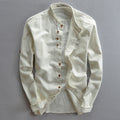 Camicia casual uomo in lino stile cinese con colletto rialzato, marca Valstrend, vista dettagliata del design e tessuto.
