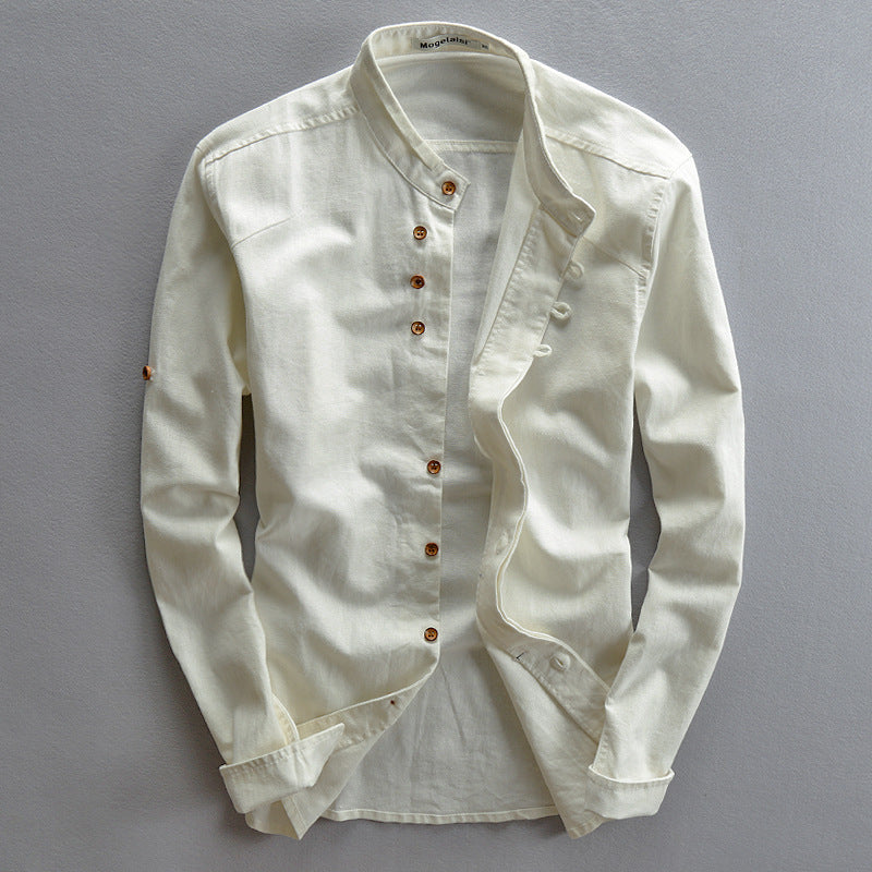 Camicia casual uomo in lino stile cinese con colletto rialzato, marca Valstrend, vista dettagliata del design e tessuto.