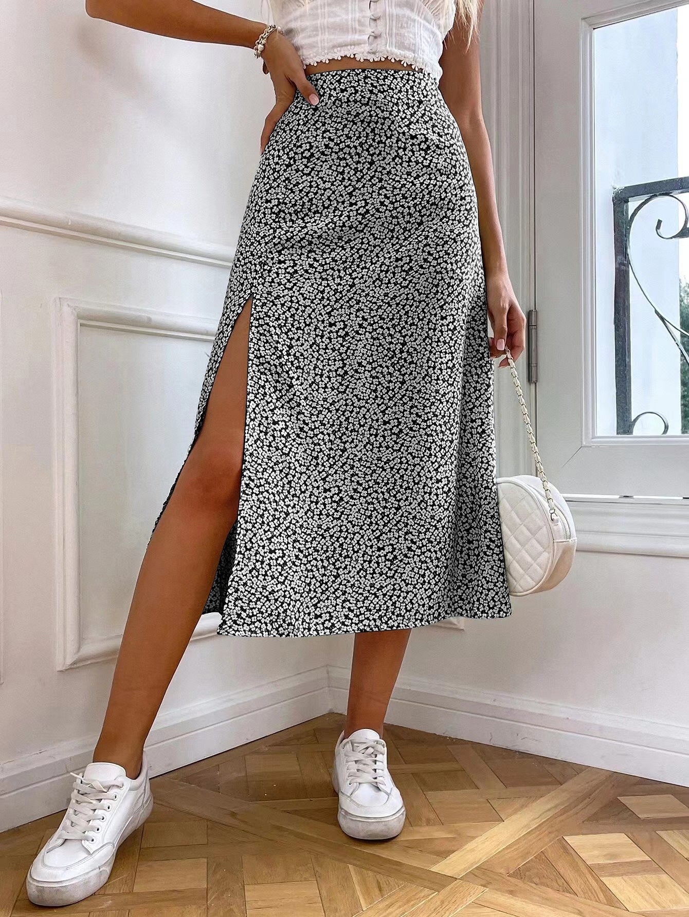 Vestito da donna Valstrend, abito a tubino floreale europeo e americano, linea a trapezio, vita a metà, stile elegante e femminile