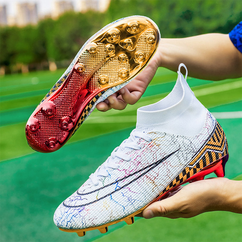 Scarpe da calcio alte Valstrend con suola dorata, per allenamento su erba artificiale, modello per studenti maschi