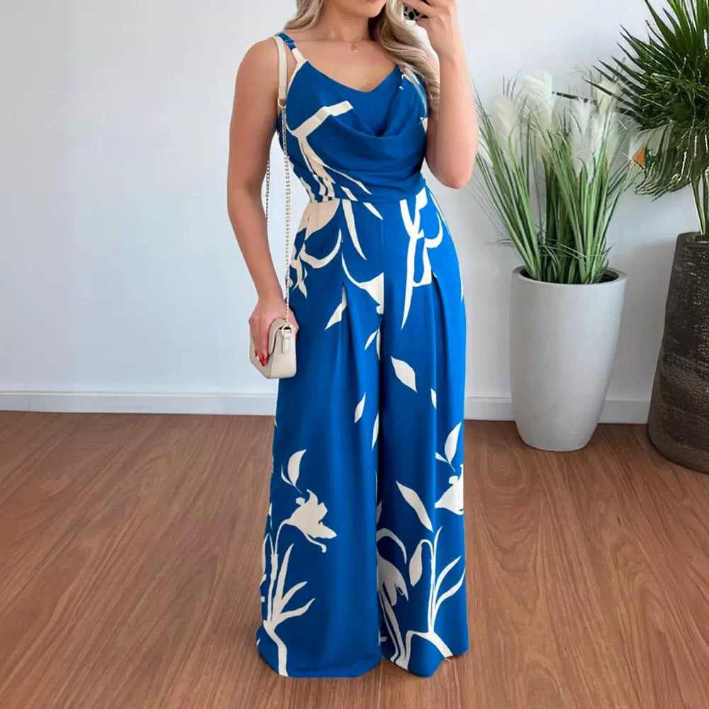Tuta donna a fantasia con bretelle, vita alta e pantaloni a palazzo, stile Valstrend, perfetta per un look elegante e casual